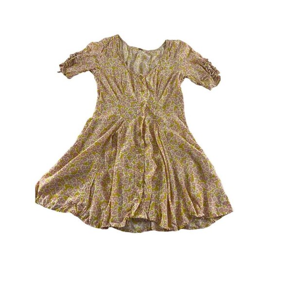 Free People Women's Yellow Floral Lace Up Mini Dress - Medium - Picture 2 of 14